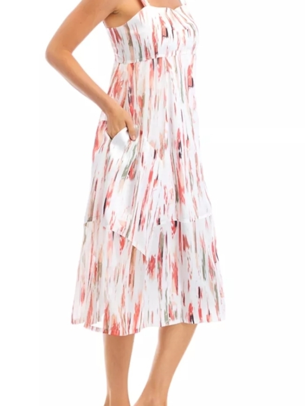 DKNY White Midi Dress with Coral and Sage Brushstroke Print